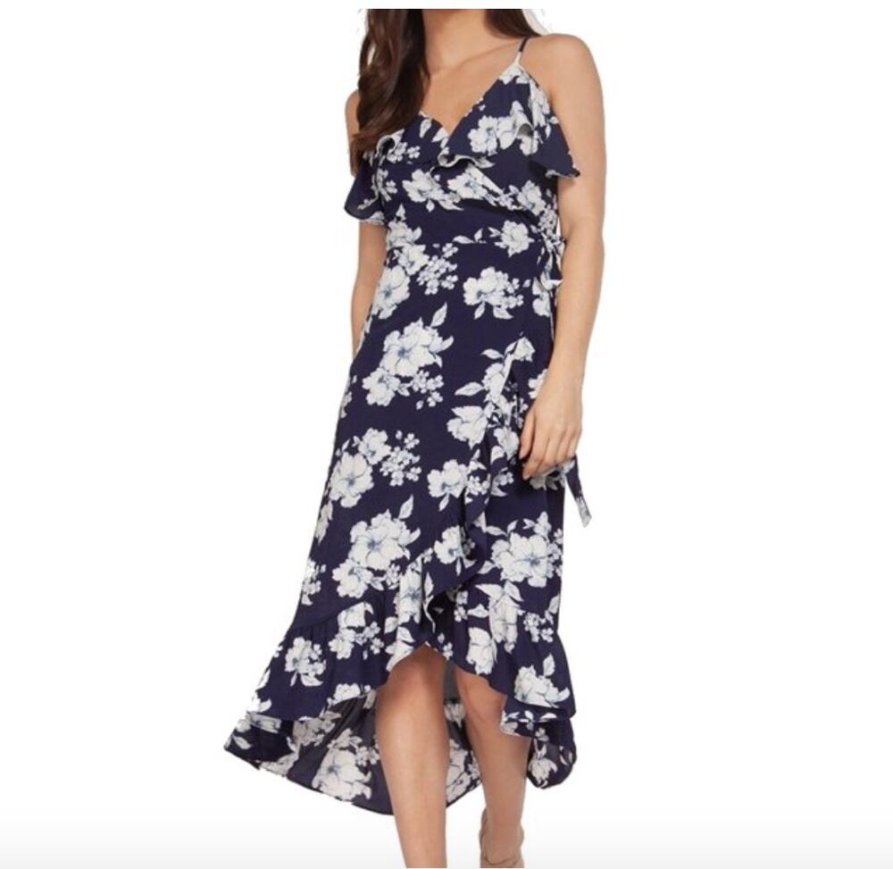 DEX NWT Navy Floral Spaghetti Strap Ruffle Hem Dress // M